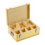 Holzkasten in Sperrholzausführung mit Klappdeckel, Oberfläche transparent lackiert, mit geschraubten Verschlüssen und Kistengriffen, mit Facheinteilung aus Holzstegen